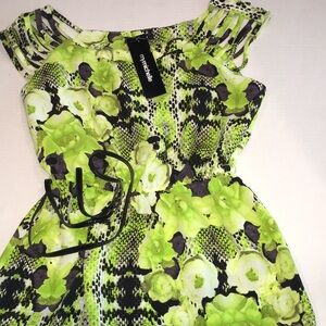 My Michelle Neon Green Floral Snake Print Blouse w/ Strappy Shoulders – Size M